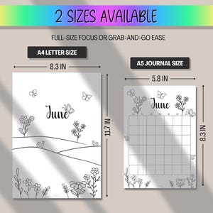 May include: Two sizes of June-themed printable calendars are shown. The A4 Letter size is 8.3 inches wide and 11.7 inches tall. The A5 Journal size is 5.8 inches wide and 8.3 inches tall. Both feature floral and butterfly illustrations.
