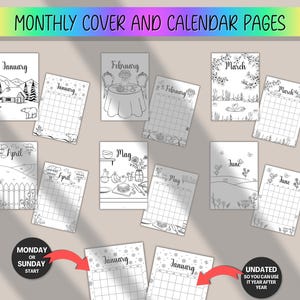 May include: A collection of undated monthly cover and calendar pages. Each page features a black and white illustration with the month's name. The calendar pages have a grid layout. The text "MONTHLY COVER AND CALENDAR PAGES" is at the top.
