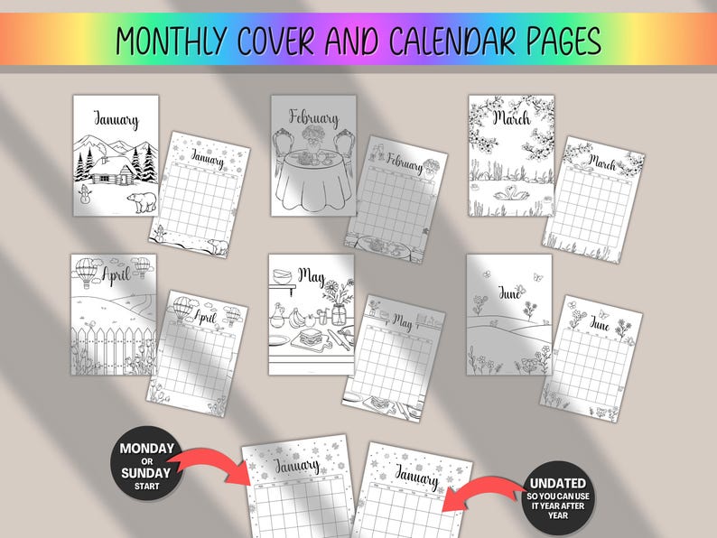 May include: A collection of undated monthly cover and calendar pages. Each page features a black and white illustration with the month's name. The calendar pages have a grid layout. The text "MONTHLY COVER AND CALENDAR PAGES" is at the top.