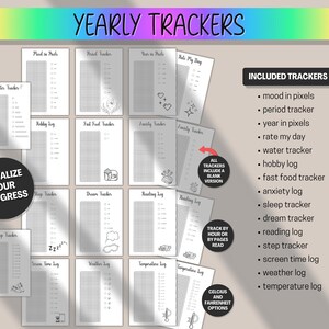 May include: A collection of printable yearly trackers with various templates, including mood, period, and water trackers. The design is in black and white, with the text "YEARLY TRACKERS" at the top. Includes Celsius and Fahrenheit options.