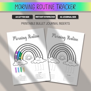 Könnte beinhalten: Druckbare Bullet-Journal-Einsätze mit Regenbogen-Design. Der Text "Morning Routine" steht oben auf der Seite. Das Design umfasst einen Regenbogen, eine Sonne, Wolken und Abschnitte für Gewohnheiten und Ergebnisse. Der Titel lautet "Morning Routine Tracker".