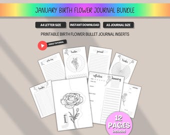 Januar Geburt Flower Journal Bundle, Monatlicher Planer Vorgefertigte Bullet Journal Einsätze, druckbare Färbung BUJO BulletJournal, A5 A4 Letter PDF