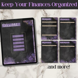 ipad showing a finance section of the planner with a monthly budget, income tracker, expense tracker, savings tracker and debt repayment tracker. The planner has a purple watercolor aesthetic with hints of gold.