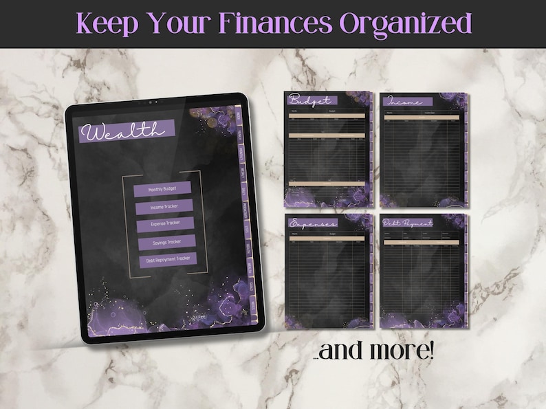ipad showing a finance section of the planner with a monthly budget, income tracker, expense tracker, savings tracker and debt repayment tracker. The planner has a purple watercolor aesthetic with hints of gold.