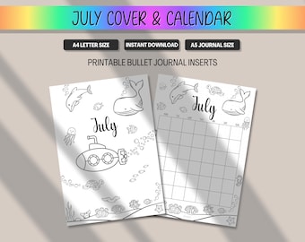 July Calendar & Cover Page, Monthly Planner Title Premade Bullet Journal Insert, Printable Coloring for BUJO BulletJournal, A5 A4 Letter PDF