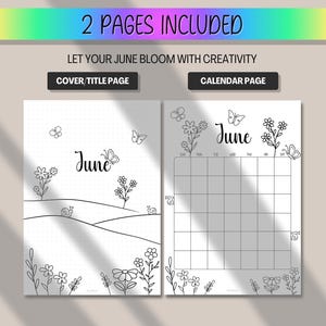 May include: Two-page printable planner spread with the text "2 PAGES INCLUDED". The cover page features the word "June" with floral and butterfly illustrations. The calendar page has a grid layout with the word "June" and floral illustrations.