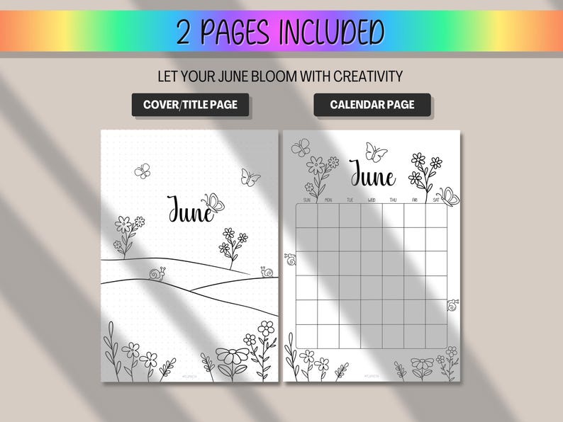 May include: Two-page printable planner spread with the text "2 PAGES INCLUDED". The cover page features the word "June" with floral and butterfly illustrations. The calendar page has a grid layout with the word "June" and floral illustrations.