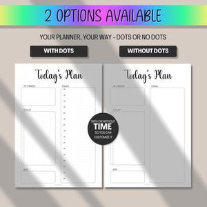 Pode incluir: Um design de planejador com duas op&ccedil;&otilde;es: com pontos ou sem pontos. O texto "Today's Plan" est&aacute; no topo de cada p&aacute;gina. O design inclui se&ccedil;&otilde;es para as principais prioridades, cronograma, lista de tarefas e notas. O texto "2 OPTIONS AVAILABLE" est&aacute; no topo.