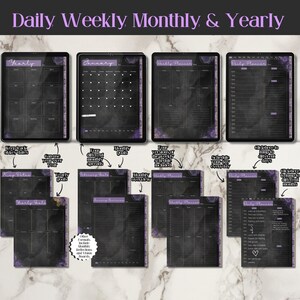 Shows the daily, weekly, monthly and yearly planners. Hyperlinks help navigate the planner. monday and sunday start available.