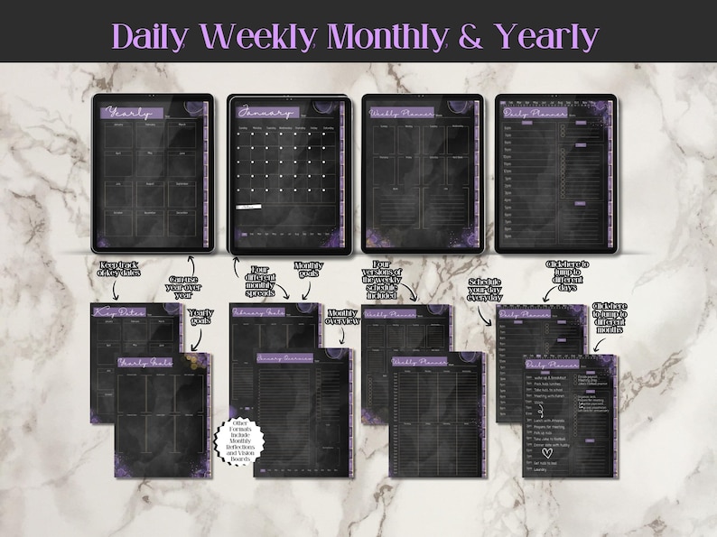 Shows the daily, weekly, monthly and yearly planners. Hyperlinks help navigate the planner. monday and sunday start available.