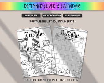 December Calendar & Cover Page, Monthly Planner Title Premade Bullet Journal Insert, Printable Coloring BUJO BulletJournal A5 A4 Letter PDF