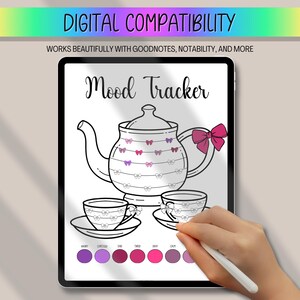 May include: Digital mood tracker on a tablet. The design features a teapot and teacups with a bow. The text "Mood Tracker" is displayed at the top. A hand is using a stylus to select a color from a palette.