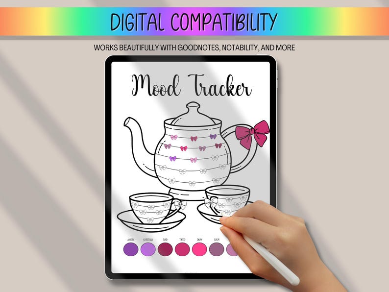 May include: Digital mood tracker on a tablet. The design features a teapot and teacups with a bow. The text "Mood Tracker" is displayed at the top. A hand is using a stylus to select a color from a palette.