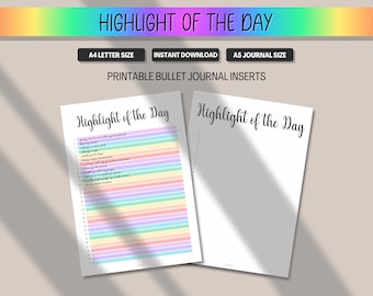 Könnte beinhalten: Druckbare Bullet Journal-Einsätze mit dem Text "Highlight of the Day". Eine Seite hat ein regenbogenfarbenes Liniendesign, die andere ist leer mit gepunkteten Linien. Das Bild enthält auch den Text "A4 Letter Size", "Instant Download" und "A5 Journal Size".