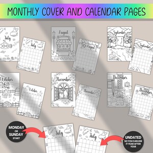 May include: A collection of black and white monthly calendar pages with illustrations for each month, including July, August, September, October, November, and December. The pages are undated, with options for Monday or Sunday start.