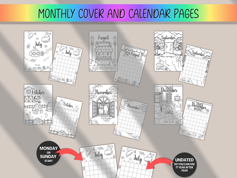 May include: A collection of black and white monthly calendar pages with illustrations for each month, including July, August, September, October, November, and December. The pages are undated, with options for Monday or Sunday start.