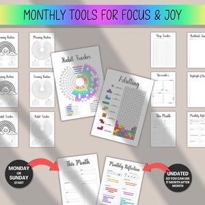 May include: A collection of printable planner pages with the text "MONTHLY TOOLS FOR FOCUS & JOY." Includes habit trackers, daily routines, and monthly reflection sheets. The "Adulting" page features a Tetris-like game design. The pages are undated.