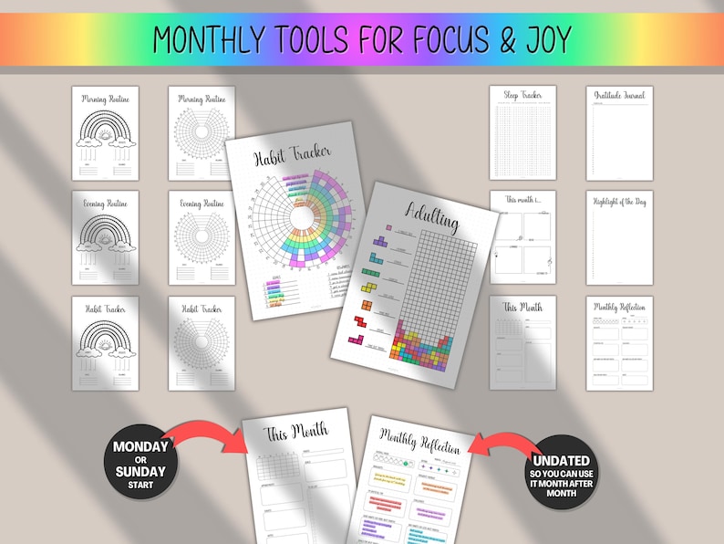 May include: A collection of printable planner pages with the text "MONTHLY TOOLS FOR FOCUS & JOY." Includes habit trackers, daily routines, and monthly reflection sheets. The "Adulting" page features a Tetris-like game design. The pages are undated.