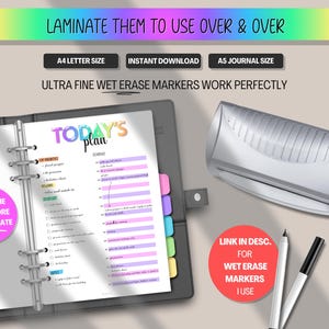 Pode incluir: Um planejador com um design colorido "Today's Plan", dentro de uma pasta. A imagem inclui uma plastificadora, marcadores apag&aacute;veis a &uacute;mido e o texto "Laminate them to use over & over". O planejador &eacute; projetado para tamanhos A4 e A5.