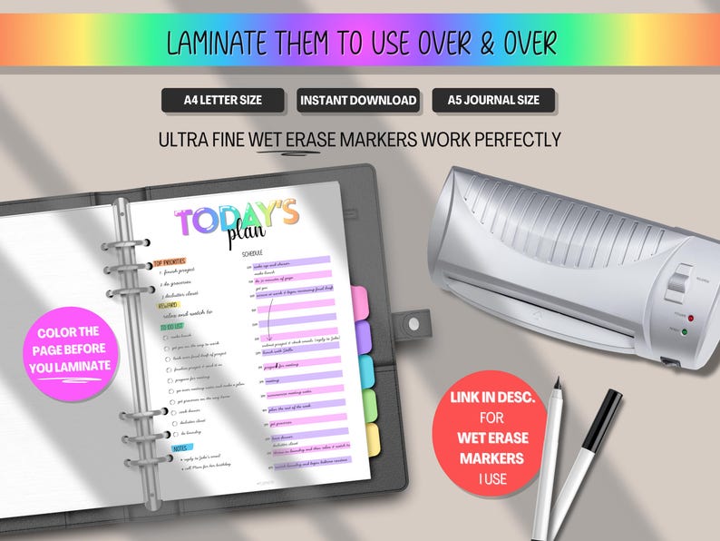 Pode incluir: Um planejador com um design colorido "Today's Plan", dentro de uma pasta. A imagem inclui uma plastificadora, marcadores apag&aacute;veis a &uacute;mido e o texto "Laminate them to use over & over". O planejador &eacute; projetado para tamanhos A4 e A5.