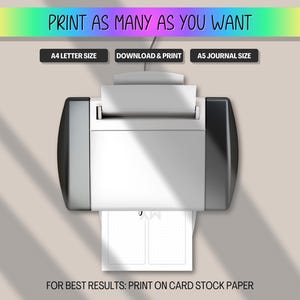 Peut inclure: Une imprimante blanche imprime une page avec un motif quadrill&eacute;. L'image comprend le texte "PRINT AS MANY AS YOU WANT", "A4 LETTER SIZE", "DOWNLOAD & PRINT" et "A5 JOURNAL SIZE". Le texte "FOR BEST RESULTS: PRINT ON CARD STOCK PAPER" est &eacute;galement visible.