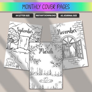 May include: Three black and white printable monthly cover pages. Each page features a different month: September with a waterfall scene, March with swans, and November with a window. The top banner reads "MONTHLY COVER PAGES".