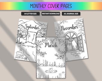 12 Month Cover Pages Bundle, Monthly Planner Title Kit, Premade Bullet Journal Insert, Printable Coloring BUJO BulletJournal A5 Letter PDF