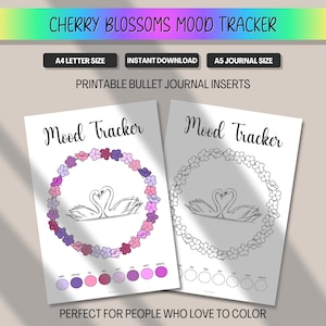 Puede incluir: Insertos imprimibles de seguimiento del estado de ánimo con un diseño de flor de cerezo y dos cisnes. Disponibles en tamaños A4 y A5, descarga instantánea. El texto de la imagen dice "Cherry Blossoms Mood Tracker".