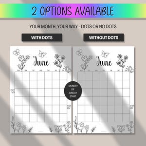 May include: Two options for a June calendar are shown, one with dots and one without. The calendars are decorated with floral and butterfly illustrations. The text "2 OPTIONS AVAILABLE" is at the top.