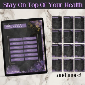 This ipad shows the health section of the planner which contains the hyperlinked pages meal planner, workout trackers, fitness goals, body measurements, before and after, steps tracker, gratitude journal, mood tracker, sleep tracker, and more
