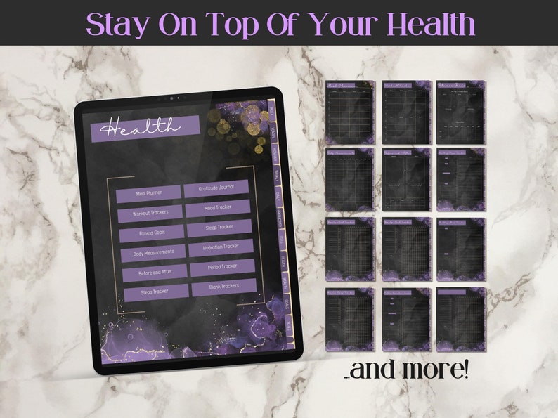 This ipad shows the health section of the planner which contains the hyperlinked pages meal planner, workout trackers, fitness goals, body measurements, before and after, steps tracker, gratitude journal, mood tracker, sleep tracker, and more
