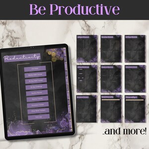 Shows the productivity pages with life vision, weekly habits, 30 day habits, routine planner, pomodoro tracker and time logs. The image shows an iPad with a purple watercolor planner with hints of gold