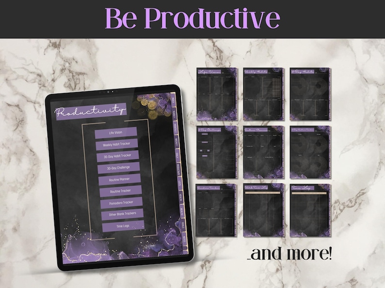 Shows the productivity pages with life vision, weekly habits, 30 day habits, routine planner, pomodoro tracker and time logs. The image shows an iPad with a purple watercolor planner with hints of gold