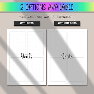 Peut inclure: Un planificateur blanc avec deux options : avec ou sans points. Le texte "2 OPTIONS AVAILABLE" est en haut, avec "YOUR GOALS, YOUR WAY - DOTS OR NO DOTS" en dessous. Chaque page de planificateur comporte quatre sections avec le mot "Goals" et l'ann&eacute;e 2022.