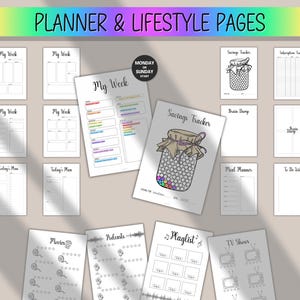 May include: A collection of printable planner and lifestyle pages. The pages include sections for weekly planning, savings tracking, meal planning, and more. The title "PLANNER & LIFESTYLE PAGES" is displayed at the top in a rainbow gradient.