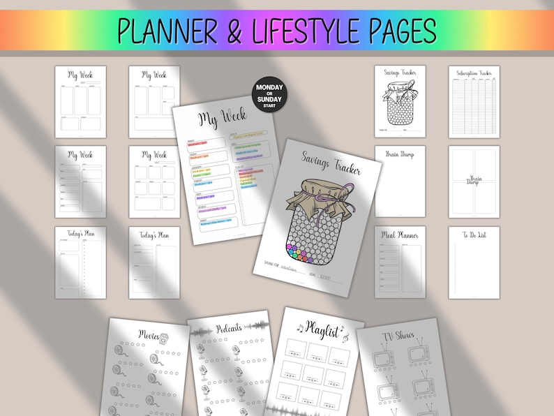 May include: A collection of printable planner and lifestyle pages. The pages include sections for weekly planning, savings tracking, meal planning, and more. The title "PLANNER & LIFESTYLE PAGES" is displayed at the top in a rainbow gradient.
