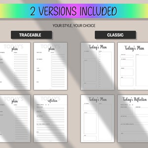 Pode incluir: Imagem de p&aacute;ginas de planejador di&aacute;rio em duas vers&otilde;es. O texto "2 VERSIONS INCLUDED" e "YOUR STYLE, YOUR CHOICE" est&atilde;o no topo. As p&aacute;ginas do planejador s&atilde;o rotuladas como "TRACEABLE" e "CLASSIC", com as palavras "Today's Plan" e "Today's Reflection".