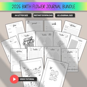 Geburtsblumen-Tagebuch-Set 2026 | Druckbarer Planer und Bullet Journal-Kit | Tetris für Erwachsene, Jahresübersicht in Pixeln, Brainstorming, Kalender & mehr | A5 A4 PDF