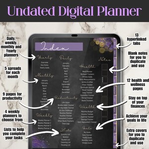Tablet showing the index page of the dark mode undated digital planner where you can see that the planner has many features like daily, weekly, monthly and yearly planners, productivity planners, budget planning, and goals planner
