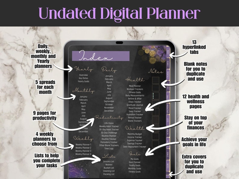 Tablet showing the index page of the dark mode undated digital planner where you can see that the planner has many features like daily, weekly, monthly and yearly planners, productivity planners, budget planning, and goals planner
