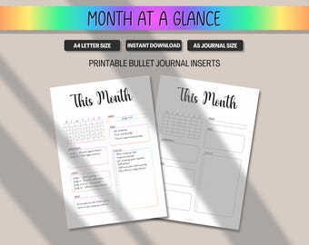 Month at a Glance Printable Bullet Journal Page, Monthly Goal Planner Insert for BUJO, Undated Monthly To Do List Calendar, A5 A4 Letter PDF