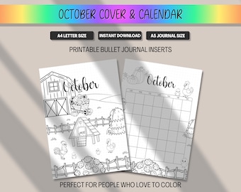 October Calendar & Cover Page, Monthly Planner Title Premade Bullet Journal Insert, Printable Coloring BUJO BulletJournal A5 A4 Letter PDF