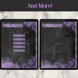 two ipads showing two more pages available in the planner which include the notes sections and the goals section with a goal planner, yearly goals, monthly goals and fitness goals