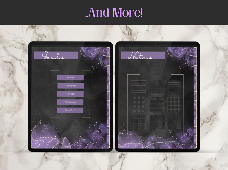 two ipads showing two more pages available in the planner which include the notes sections and the goals section with a goal planner, yearly goals, monthly goals and fitness goals
