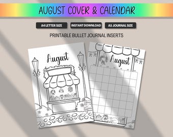 May include: Black and white printable bullet journal inserts for August. The cover features a market stall illustration, while the calendar insert has a grid layout. Text includes "August Cover & Calendar", "A4 Letter Size", "Instant Download", and "A5 Journal Size".