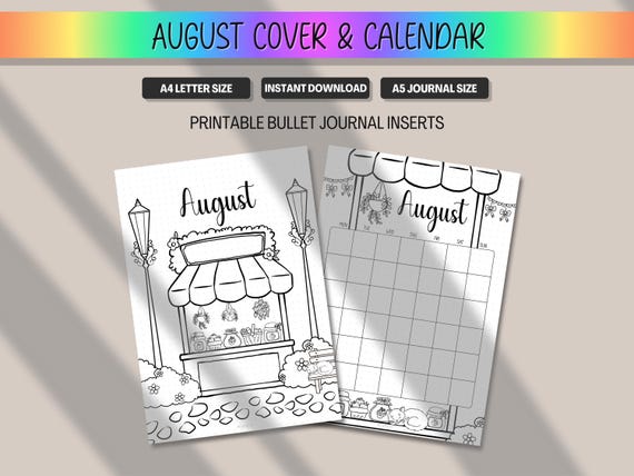 August Calendar & Cover Page, Monthly Planner Title Premade Bullet Journal Insert, Printable Coloring BUJO BulletJournal, A5 A4 Letter PDF