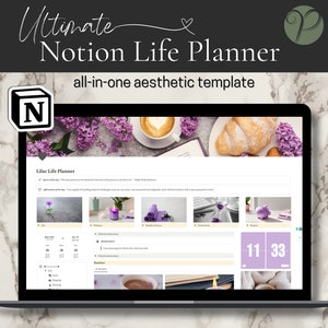 May include: A laptop screen displaying a Notion Life Planner template with a lilac theme. The template includes sections for daily affirmations, goals, and a daily planner. The screen is surrounded by lilac flowers, a croissant, and a cup of coffee.