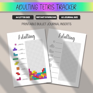 May include: Printable bullet journal inserts with the text "Adulting Tetris Tracker". The design features Tetris-style blocks and a grid for tracking tasks. The text "A4 Letter Size", "Instant Download", and "A5 Journal Size" are also visible.