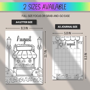 May include: Black and white illustration of two sizes of August calendars. The A4 Letter Size is 8.3 inches wide and 11.7 inches tall. The A5 Journal Size is 5.8 inches wide and 8.3 inches tall. Both feature a market stall design.