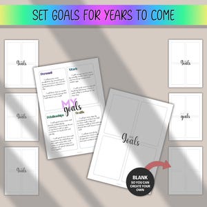 Peut inclure: Un planificateur avec le texte "My Goals" et "Set Goals For Years To Come". Le planificateur comporte des sections pour les objectifs personnels, professionnels, relationnels et de sant&eacute;. L'image comprend &eacute;galement des feuilles d'objectifs vierges.